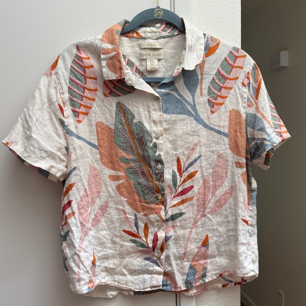 Cynthia Rowley Linen Pastel Rainbow Leaf Print Button Shirt M